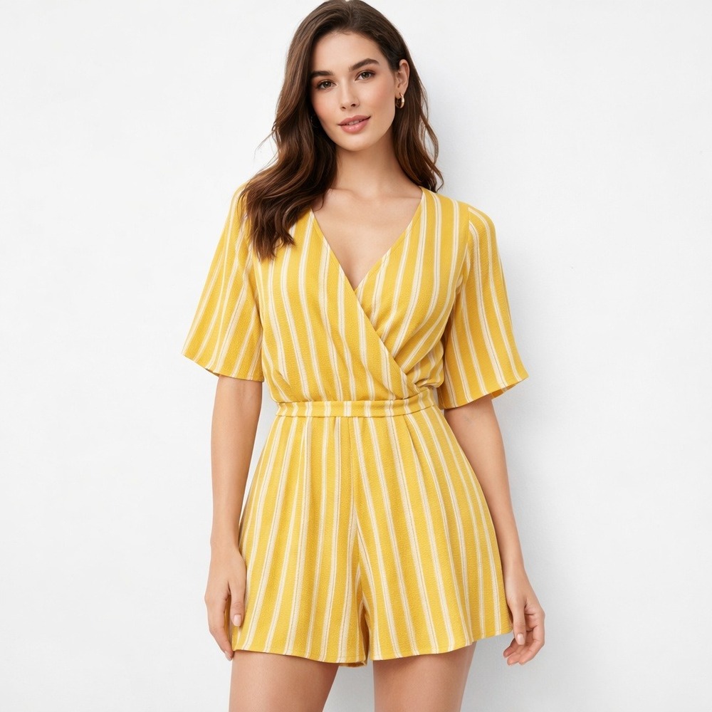 Altar'd State S Yellow White Striped‎ Wrap Romper Tie Waist Coastal Resort Beach